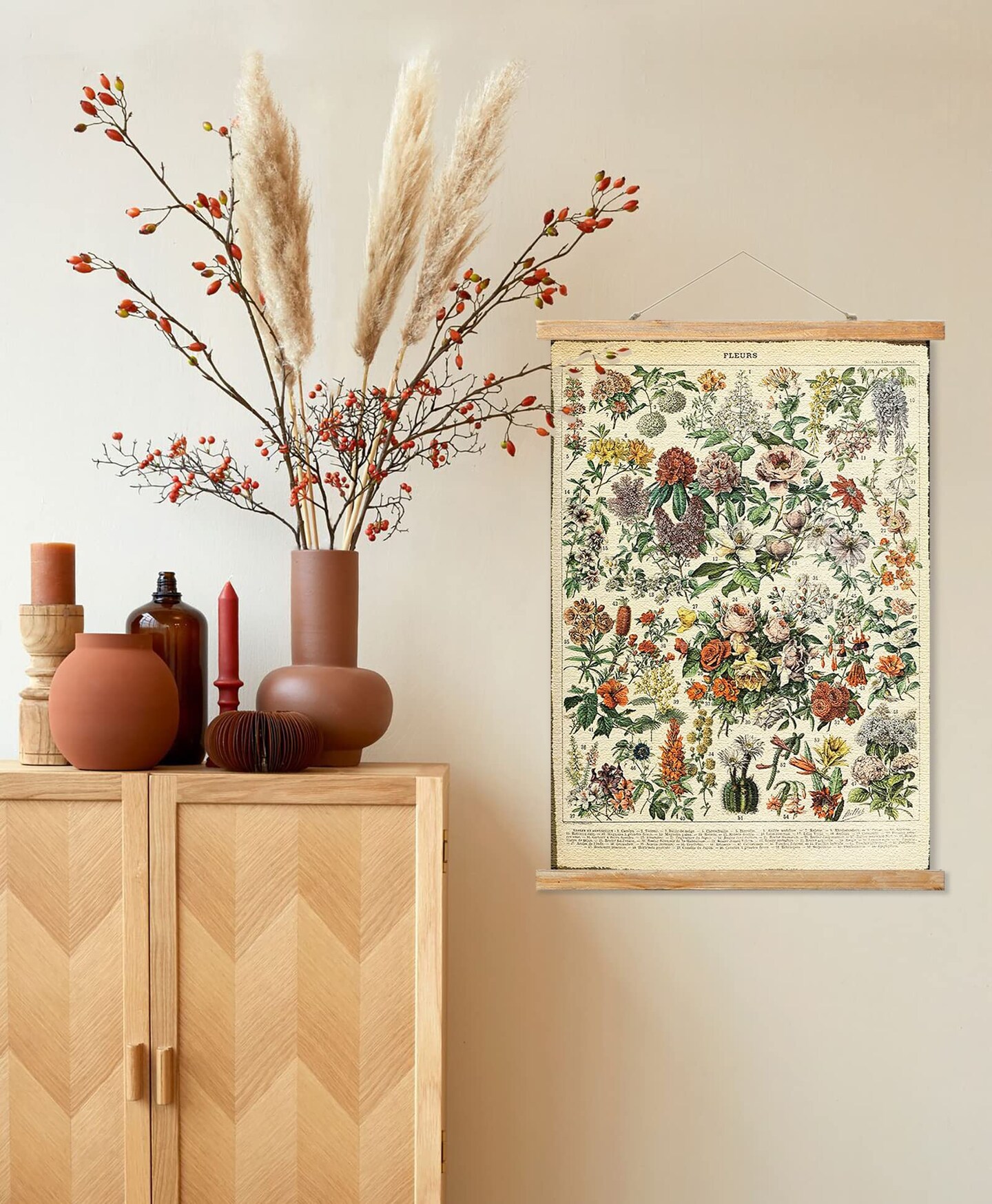 Vintage Flower Poster Hanger Frame, Retro Style Wall Art Prints, Printed on Linen with Natural Wooden Frames, Wall Hanging Decor