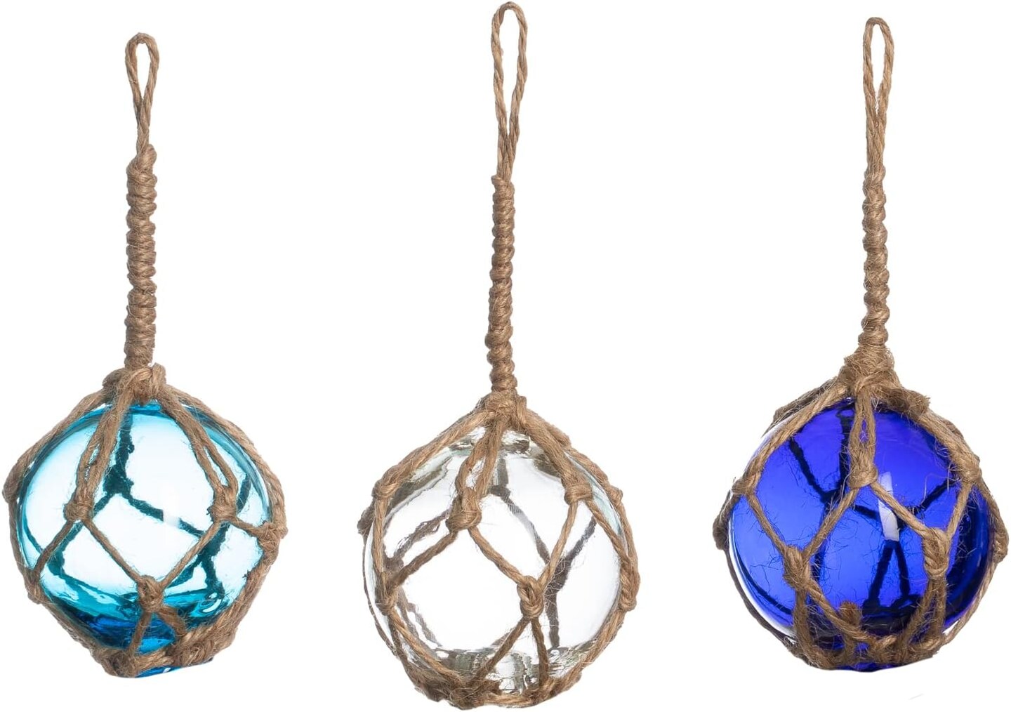 Japanese Glass Fishing Floats Ball - 3&#x22; Aqua Cobalt and White (3 Pack) - Glass Buoys With Rope