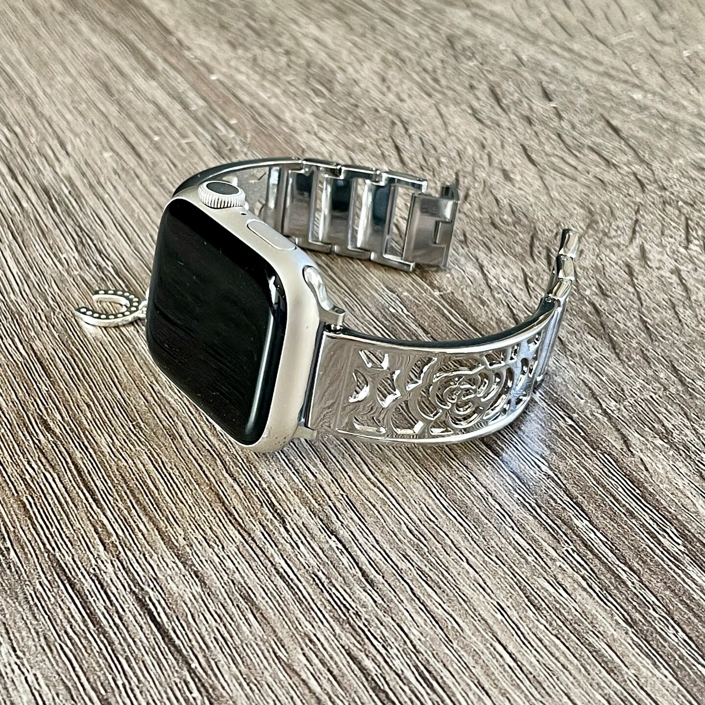 Elegant Silver Apple Watch Band Intricate Floral Metal Bracelet