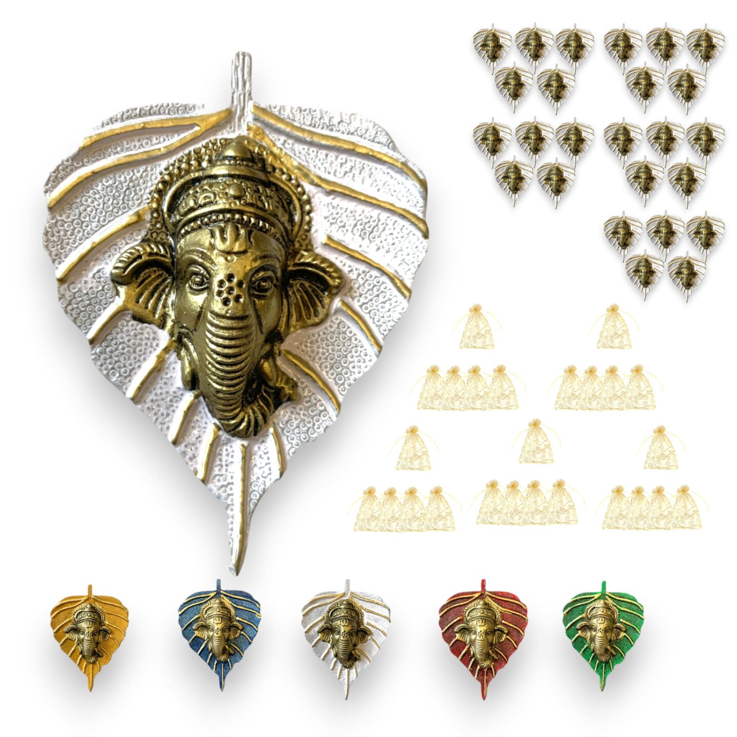 Metal Leaf Ganesha Diwali Decor Wall Hanging for Home & Office Housewarming Return Gift Pooja Favor Ganesha Decorative Wall Hanging Showpiece Pack of 1/2/5/25 Pcs