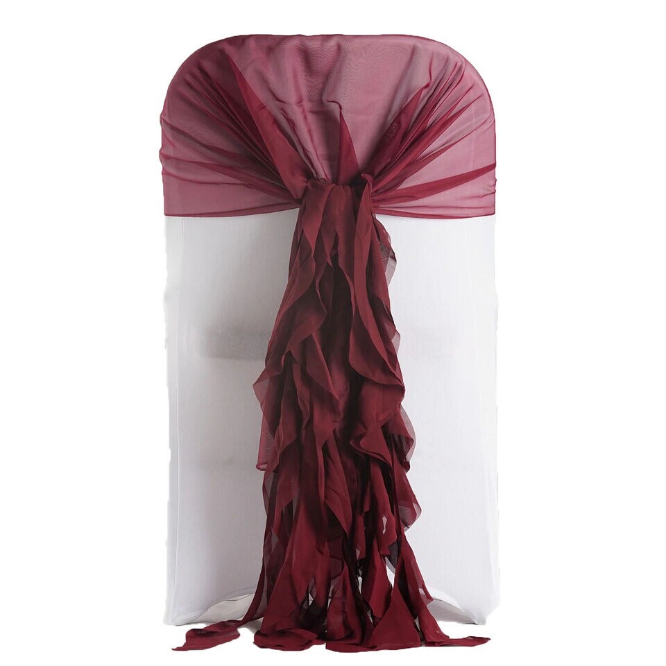 Burgundy Premium Curly Chiffon Chair Covers with Sashes for Weddings