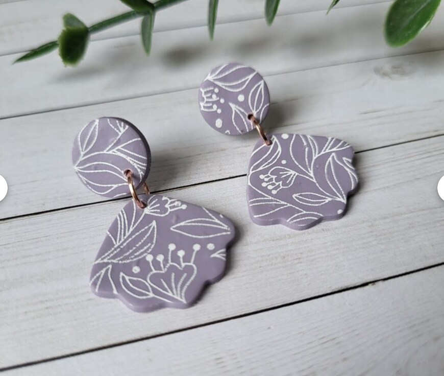 Purple Floral Polymer Clay Earrings, Purple Earrings, Floral