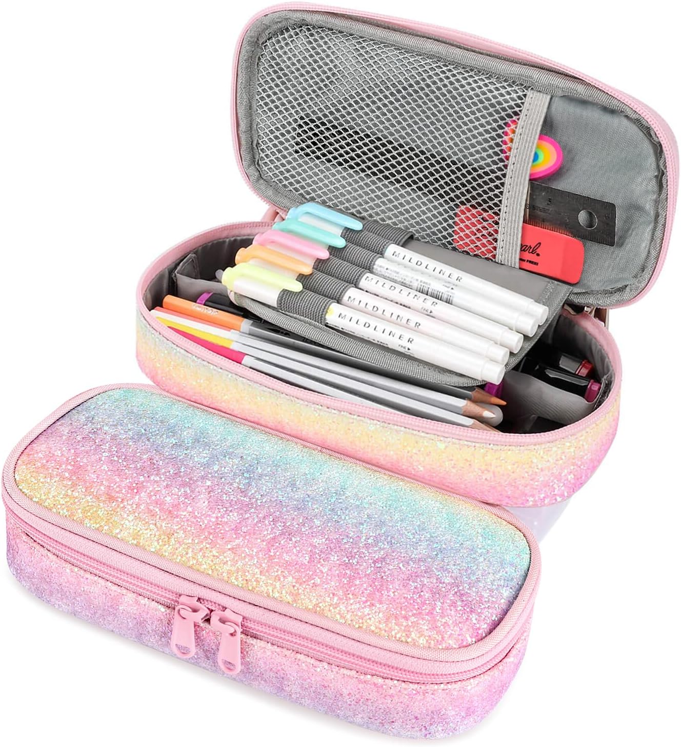 Girls Pencil Case for Kids, Pencil Pouch Boys Soft Rainbow Pen Box (Pink Blue Rainbow)
