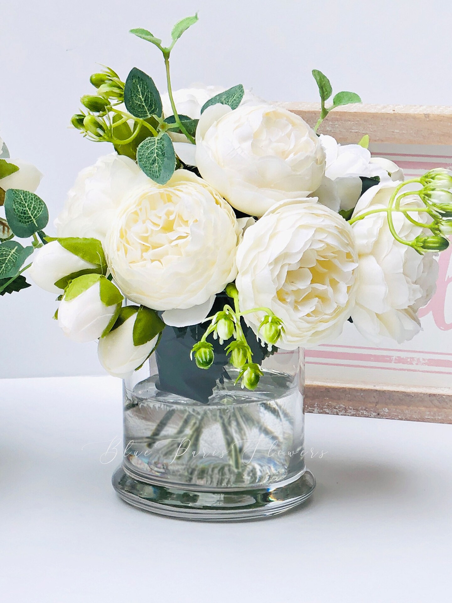 White or Pink Rose Peony Arrangement, offers Artificial Faux Centerpiece, Silk Flowers in Glass Vase for Home Decor