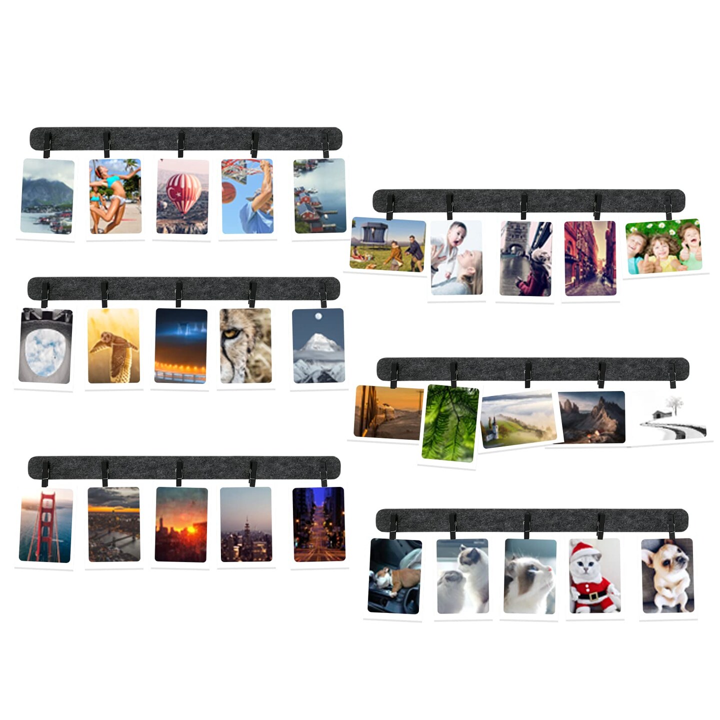 Picture Frames Collage Wall Decor, 6 Pcs Black Felt Lightweight Bulletin Board Strips, Photo Wall Collage Kit with 30 Clips for Photo Display, Notes, Schedules, Announcements