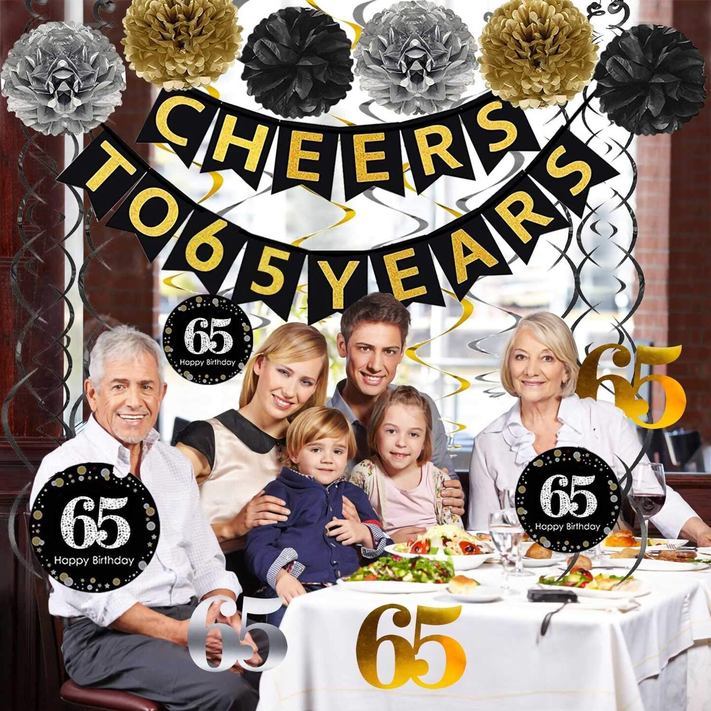65th Birthday Party Decorations Set- Gold Glittery Cheers to 65 Years Banner,Poms,12Pcs Sparkling 65 Hanging Swirls for 65th Birthday Decorations 65 Years Old Party Supplies