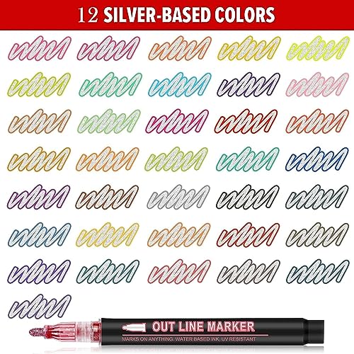 12 Pieces Metallic Double Line Outline Markers Glitter Pen Set for Rock Painting, Glass, Mug, Wood, Fabric, Canvas, DIY Craft with Fine Medium Tip