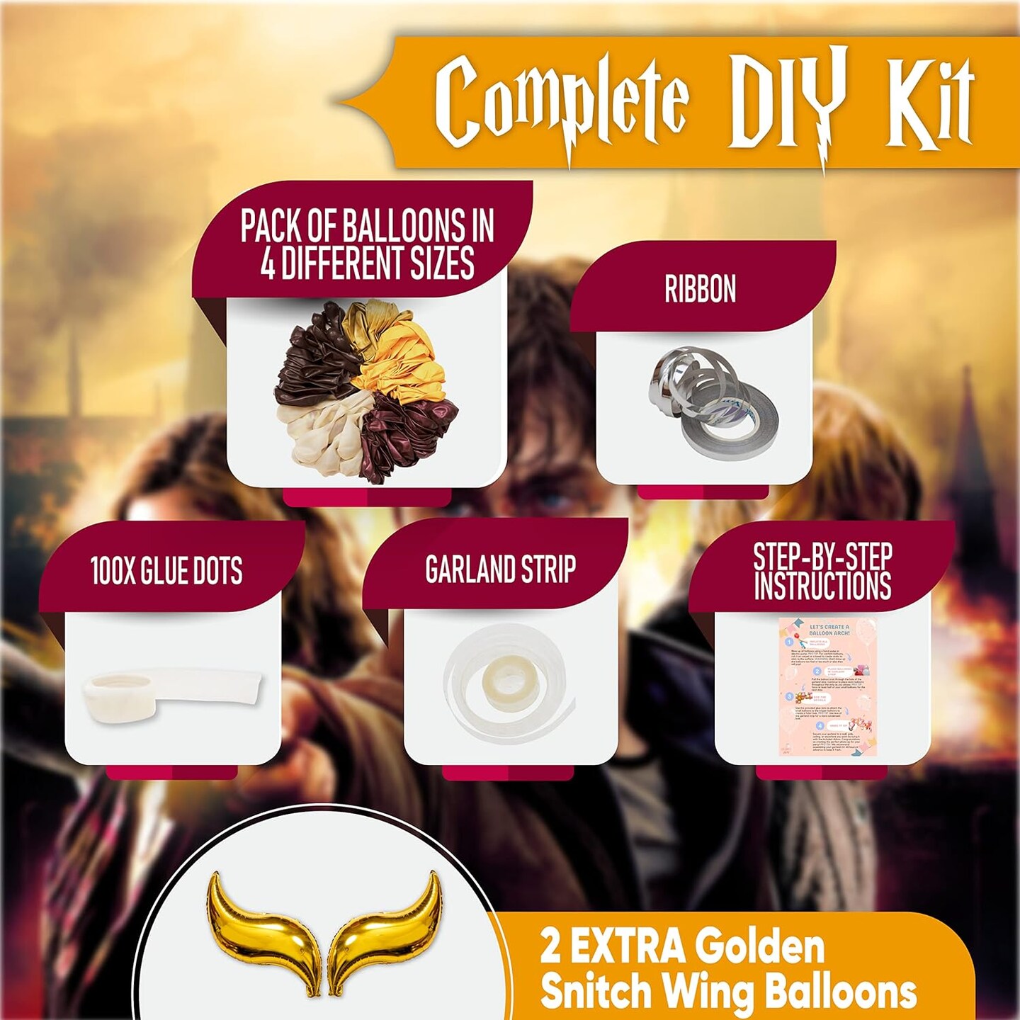 ALL-IN-1 Harry Potter Balloons Garland Arch Kit with BONUS Snitch for Harry Potter Birthday Decorations – Harry Potter Party Supplies for Hogwarts Balloons, Magic Wizard Theme, Baby