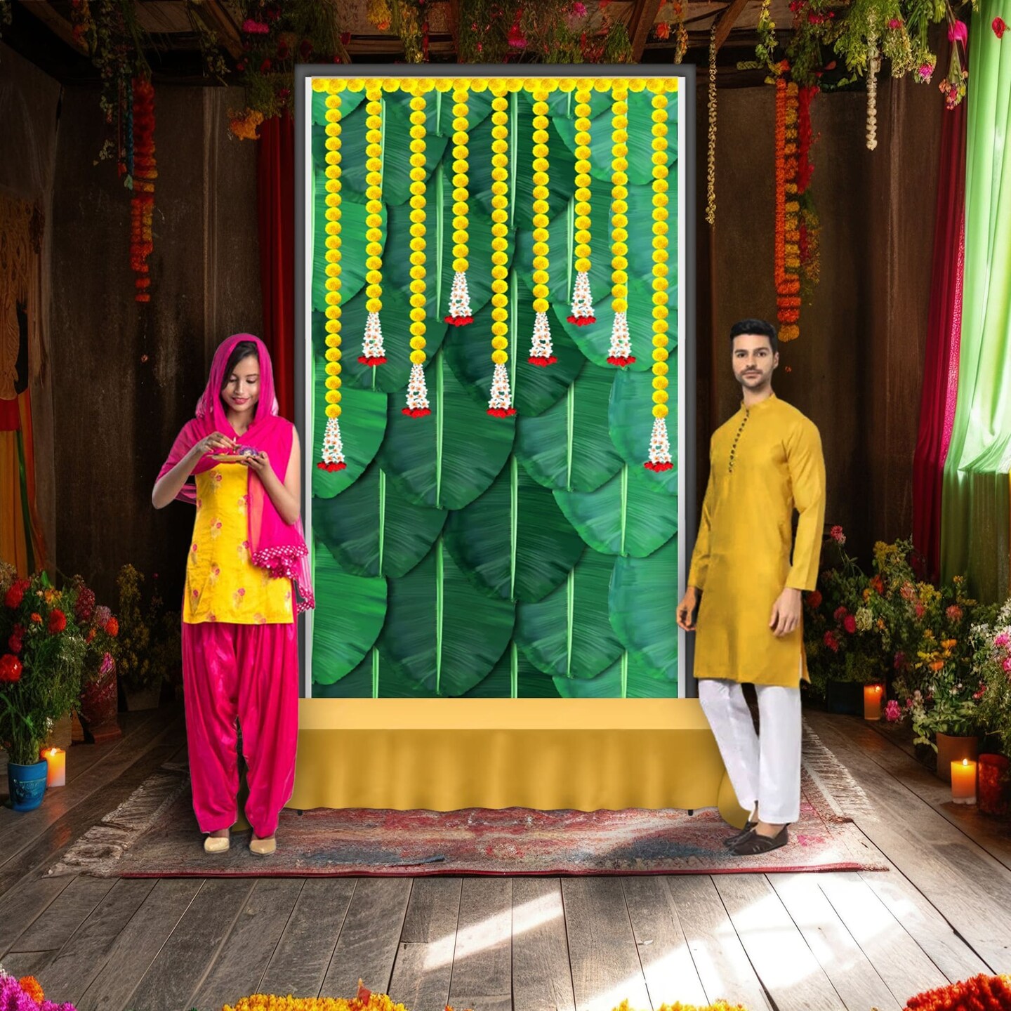 Banana Leaf with Marigold Backdrop Indian Traditional Cloth 5x8 Feet Backdrop Pooja Backdrop Indian Wall Art Photo Decor Banner Diwali Decor Wedding Backdrop Decorative Cloth