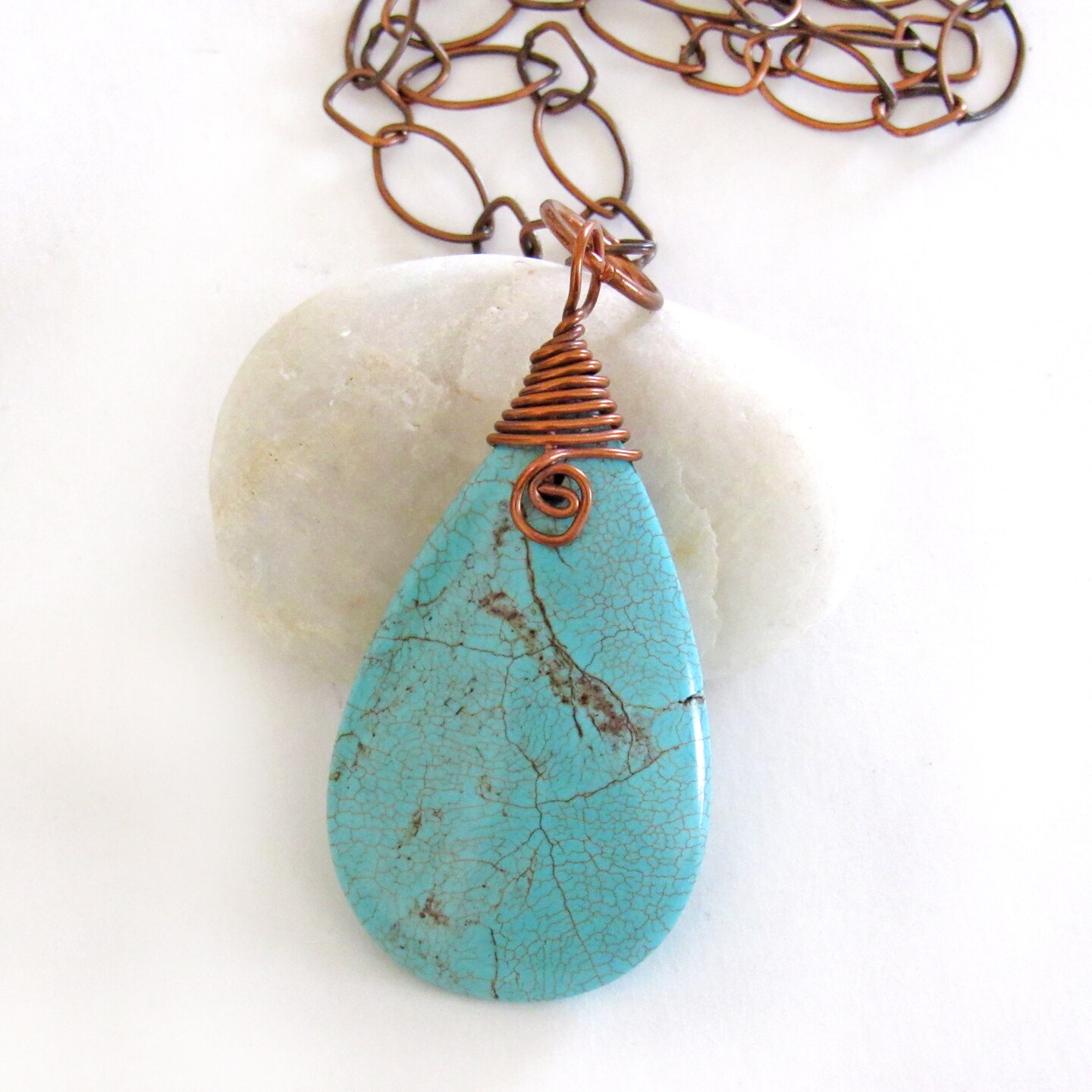 Wire Wrapped Turquoise Magnesite Stone Pendant on Copper - Main Image