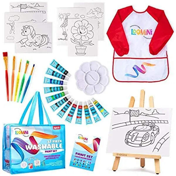 Paint Set for Kids |27 Piece Art Gift Sets Non-Toxic,Washable Paint, Canvases, paint Brushes, Easel, Smock