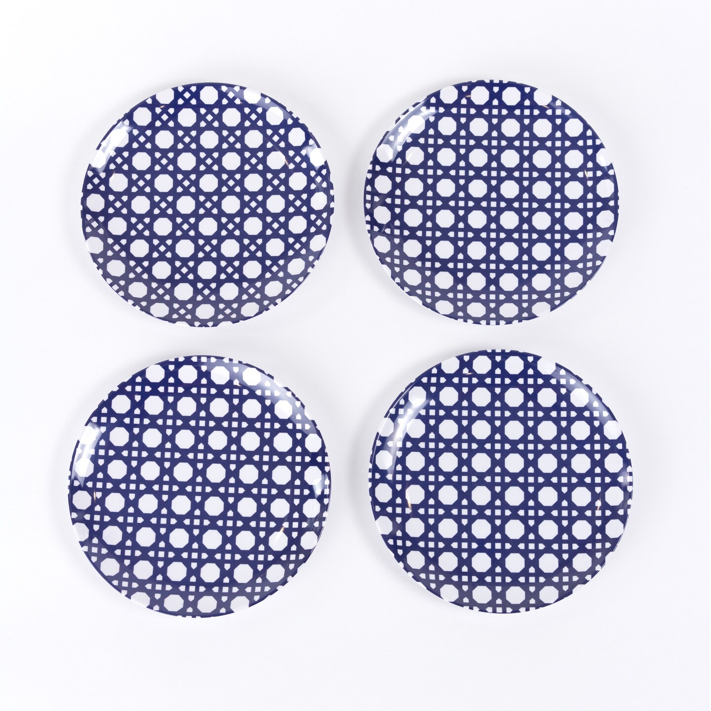 Blue Geo Melamine Appetizer Plates – 6" Durable Reusable Snack Dish Set of 4 for Indoor & Outdoor Entertaining