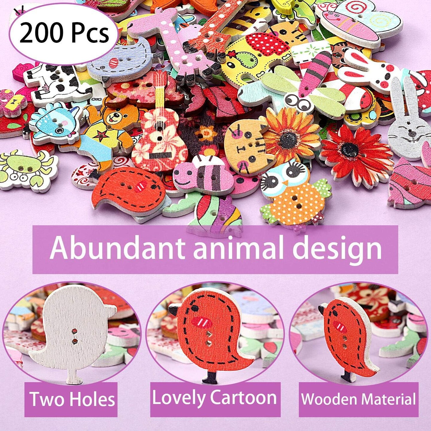 200 Pieces Animal Buttons for Crafts Cartoon Wooden Buttons Bulk Assorted Design Cute 2 Holes Mixed Animal Wood Button for Sewing Crafts DIY Works Decoration and More, 0.6-1.2 inches