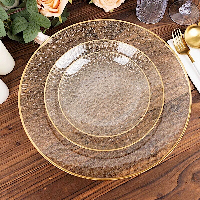 10 PCS Clear Round Hammered Disposable Salad Dinner PLASTIC PLATES Gold Trim Party