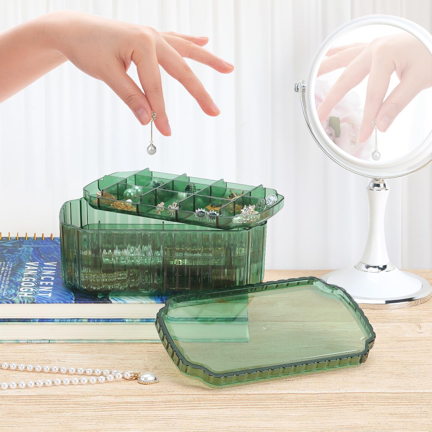 3 Layer Jewelry Organizer Box for Earrings, Rings, Necklaces, Bracelets, Clear Plastic Bead Storage Containers for Crafts (Green)