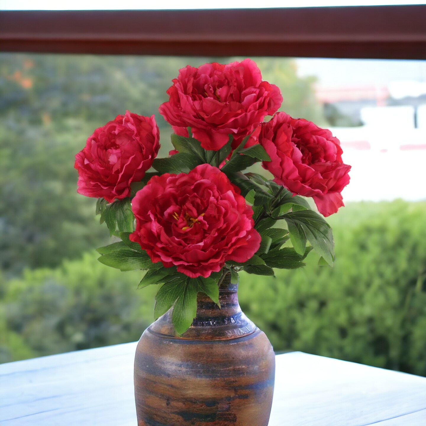 20&#x22; Burgundy Artificial Peony Bushes - 12-Pack, 5 Silk Flowers with Lush Foliage, Home D&#xE9;cor - Ideal for Arrangements, Events - Rich Seasonal Charm, Floral Home by Artificial Flowers