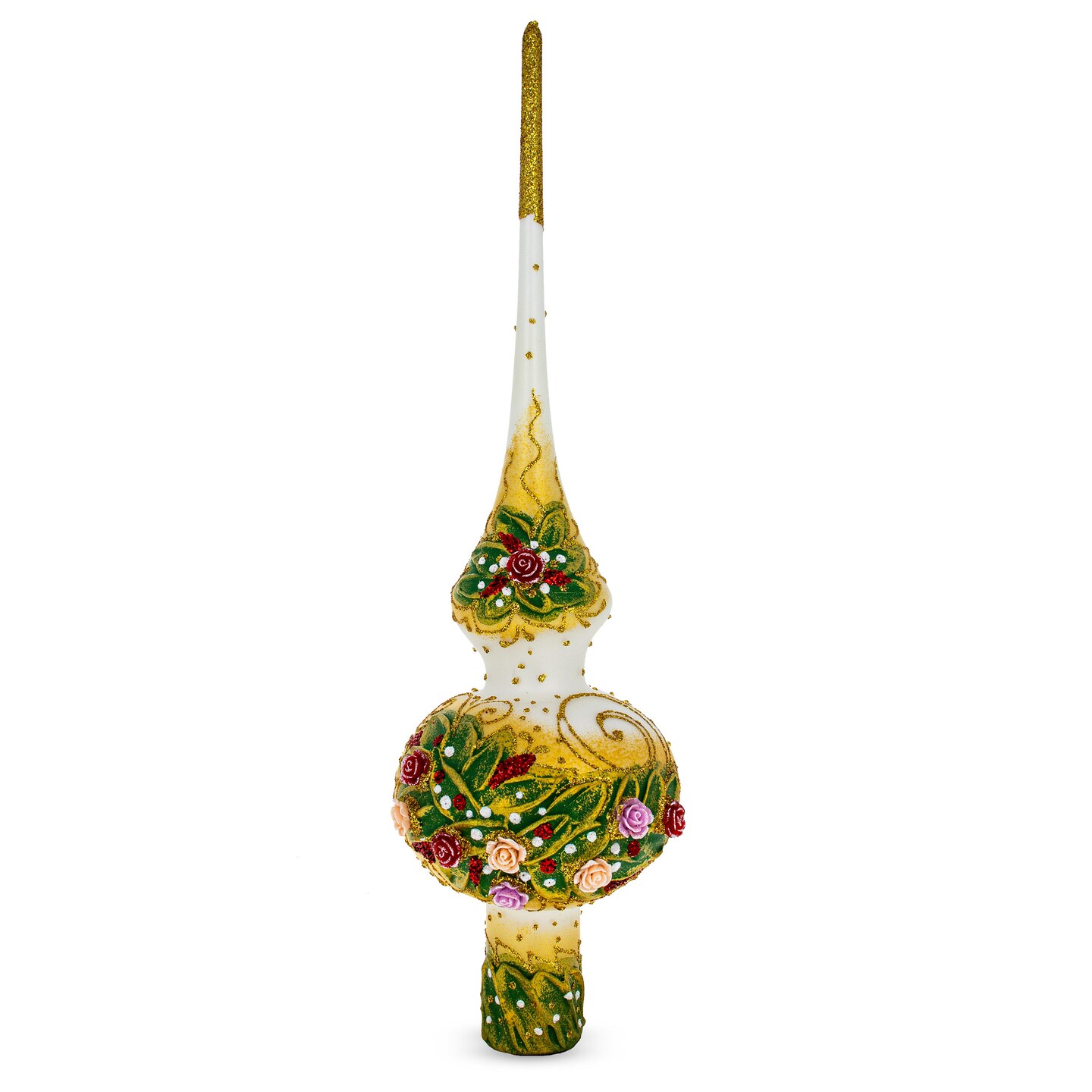 Dimensional Roses Bouquet on White Mouth Blown Glass Christmas Tree Topper 11 Inches