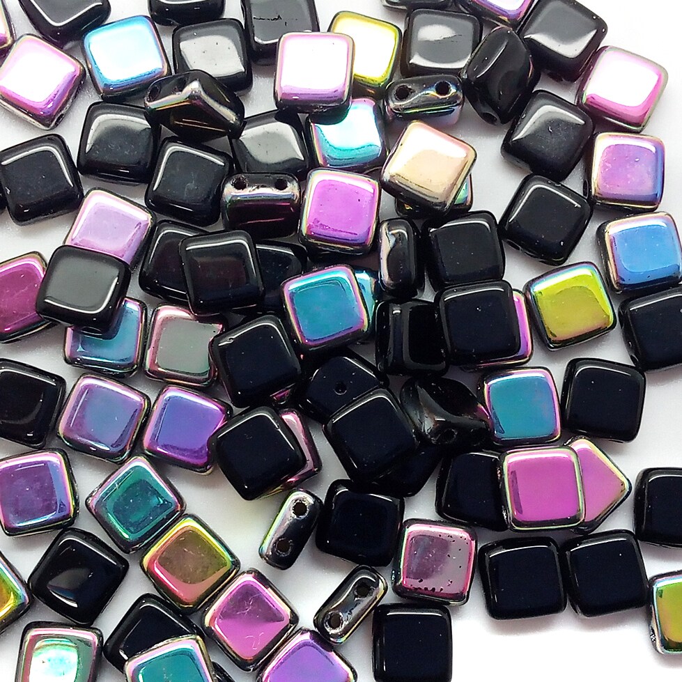 6mm Glass Tile Beads, 50 pcs, Black &#x26; Rainbow AB, 2-Hole, Adorabilities