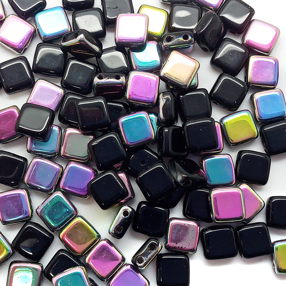 6mm Glass Tile Beads, 50 pcs, Black & Rainbow AB, 2-Hole, Adorabilities