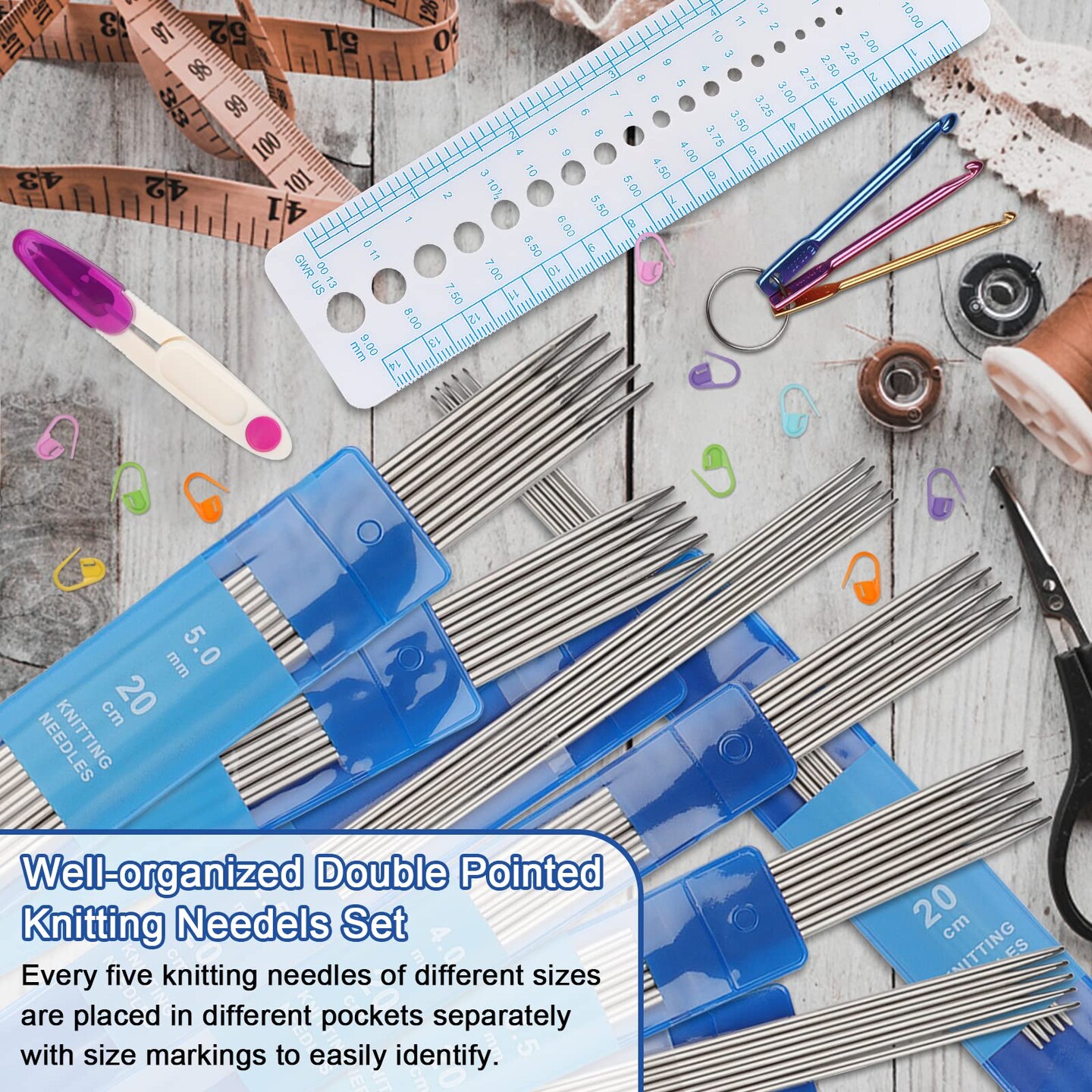 35 Pieces Double Pointed Knitting Needles Set 7.9", Stainless Steel Straight Knitting Needles 2.0mm-5.0mm, Double Ended Sweater Knitting Set Knitting Needle Kit with Knitting & Crochet Supplies