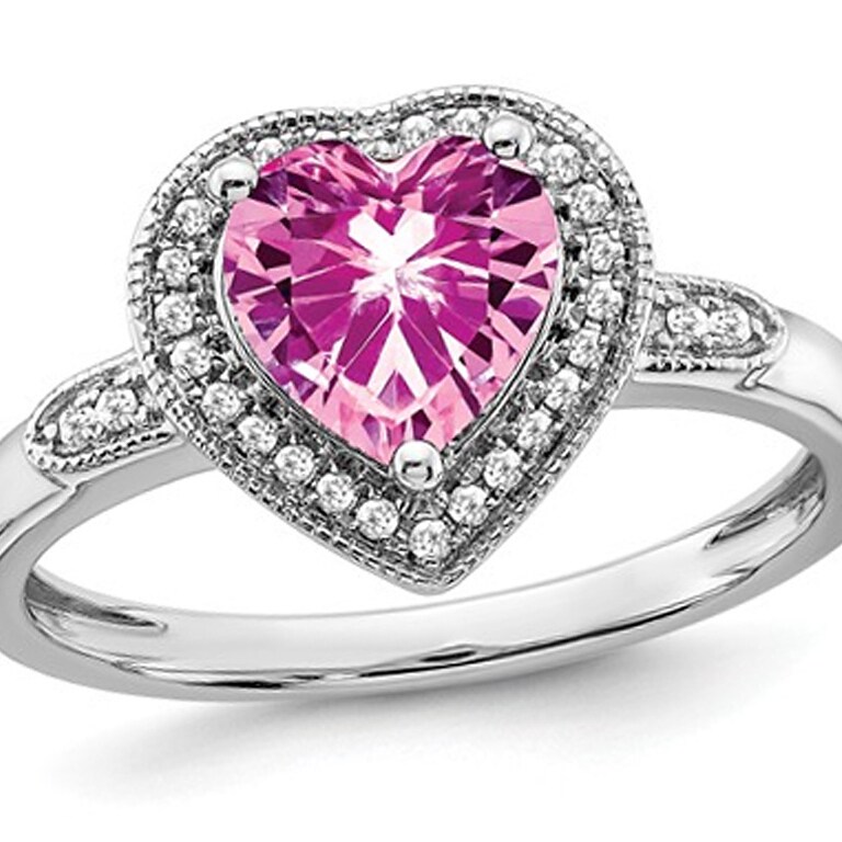 Gem And Harmony 1.48 Carat (ctw) Lab-Created Pink Sapphire Heart Ring in 14K White Gold with Diamonds