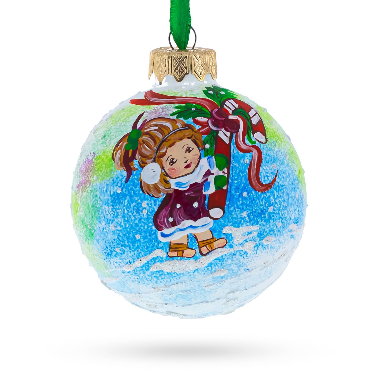 Girl with Candy Cane Glass Ball Christmas Ornament  3.25 Inches