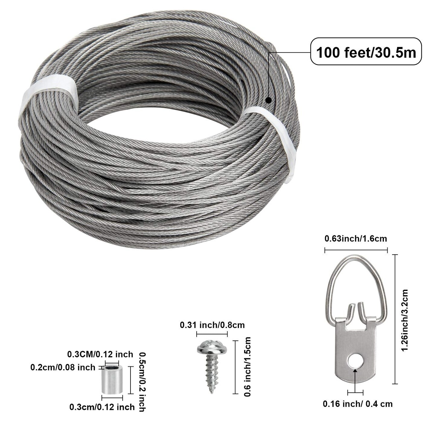 Picture Hanging Kit - 100 Feet Stainless Steel Hanging Wire, 60 Pcs D Ring Picture Hangers with Screws and 60 Pcs Aluminum Crimping Loop Sleeve for Hanging Paintings Photos