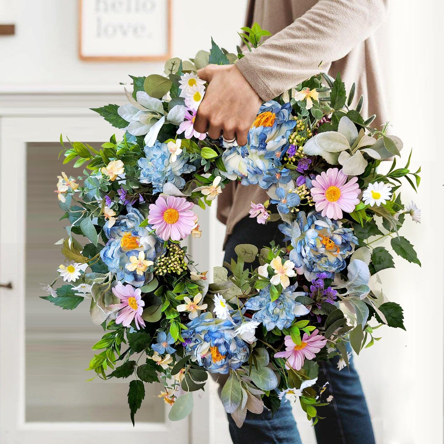 Watercolor Blue Peony and Pink Daisy 22-Inch Spring Wreath