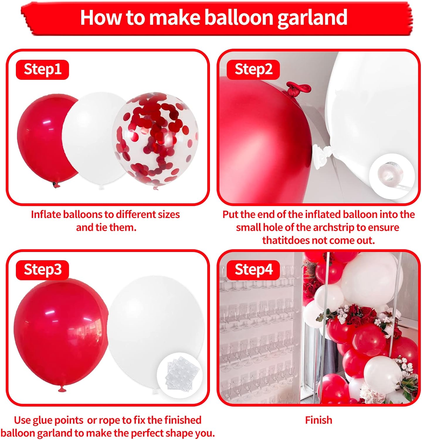 Red White Balloons Garland Kit 134 Pack Different Sizes 18/12/10/5 inch Matte Red Matte White Latex Balloons and Red Confetti Balloons for Wedding Birthday Party Accessory Arch Christmas Decoration