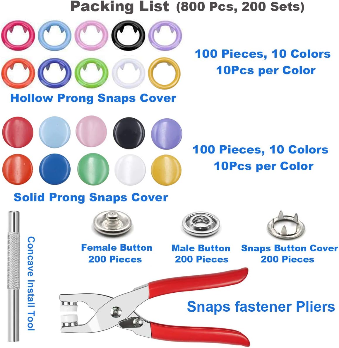 804Pcs Snap Fasteners Tool Kit Hollow and Solid Metal Prong Snaps Buttons with Setting Tool for Clothing Crafting Sewing,Leather Snaps Buttons for Jeans Wears Bags(200 Sets,10 Colors,9,5mm)
