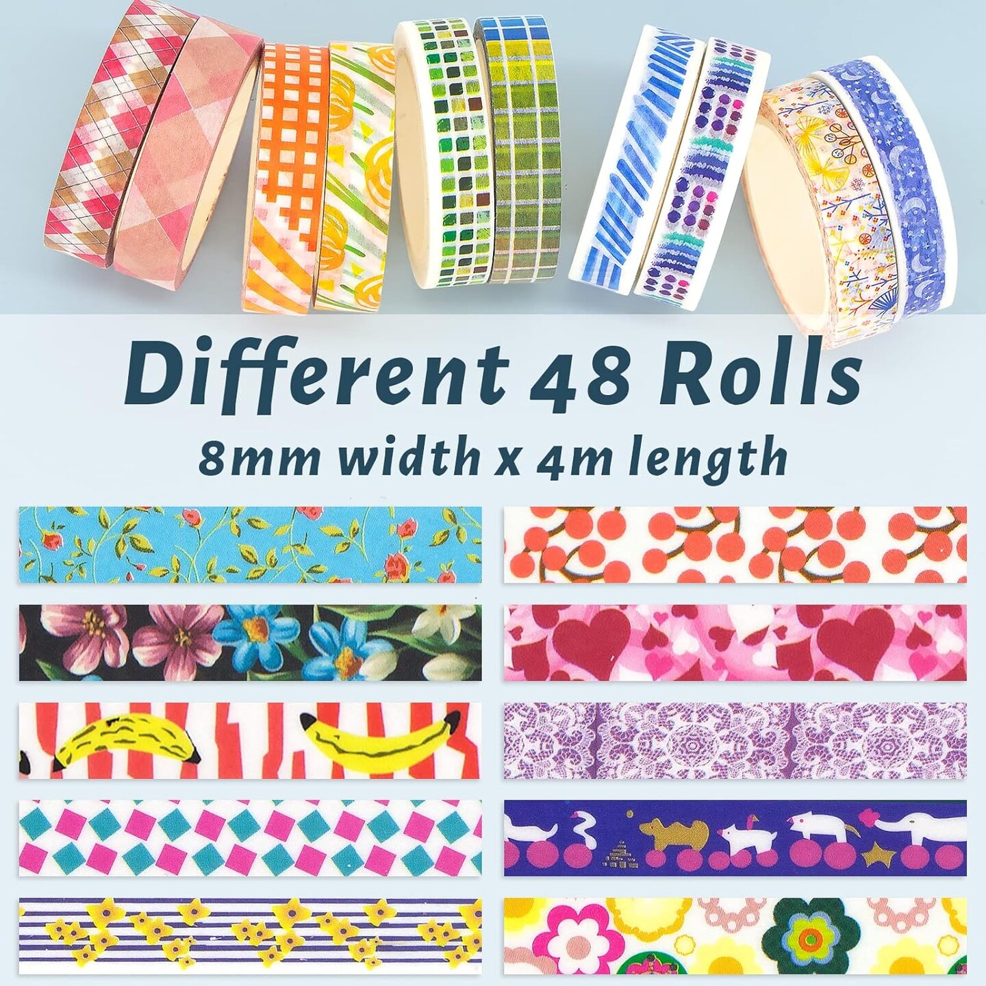 48 Rolls Washi Tape Set - 8mm Wide Decorative Masking Tape, Colorful Flower Style Design for DIY Craft Scrapbooking Gift Wrapping