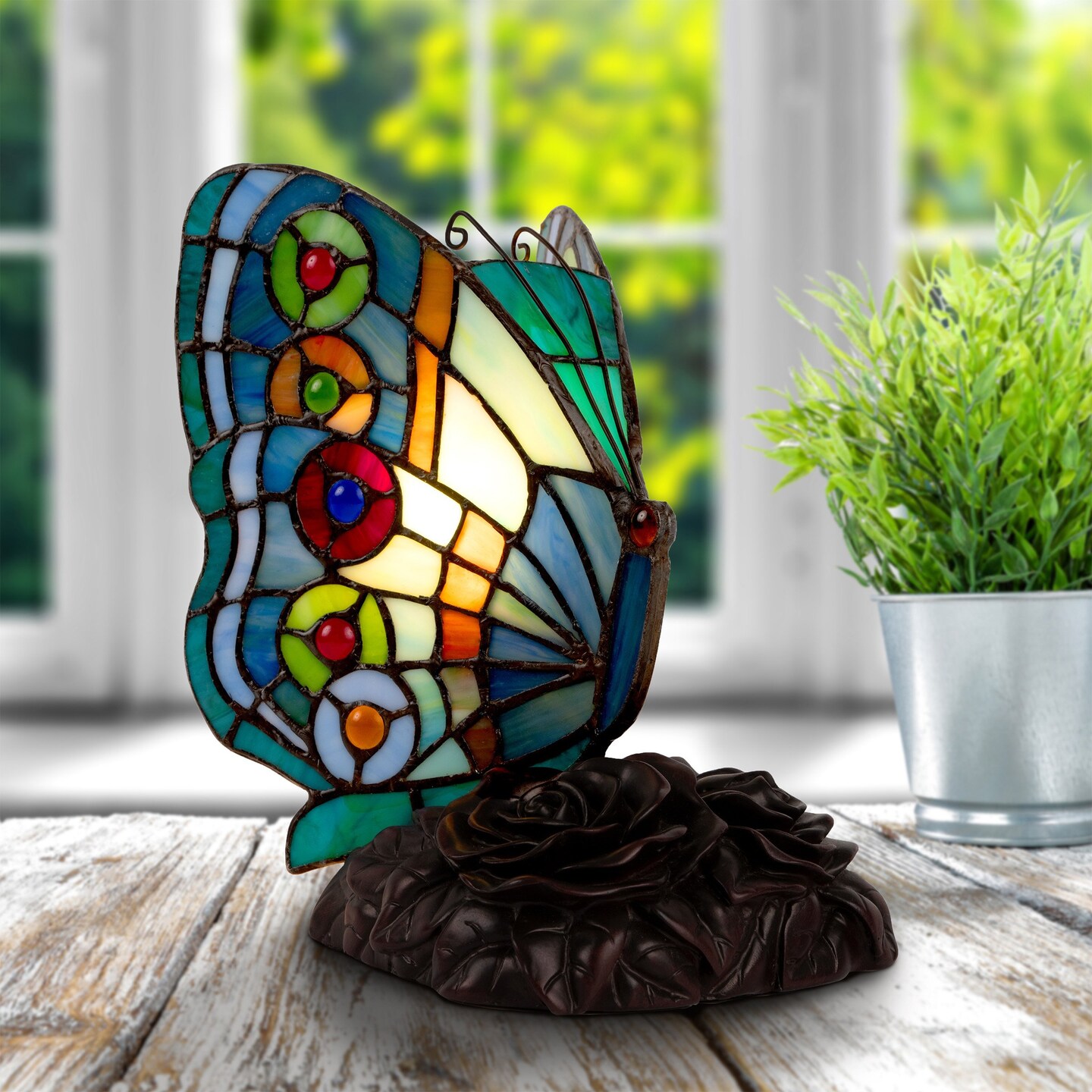 Lavish Home Tiffany Style Butterfly Lamp-Stained Glass Table or Desk Light LED Bulb Included-Vintage Look Colorful Accent Decor