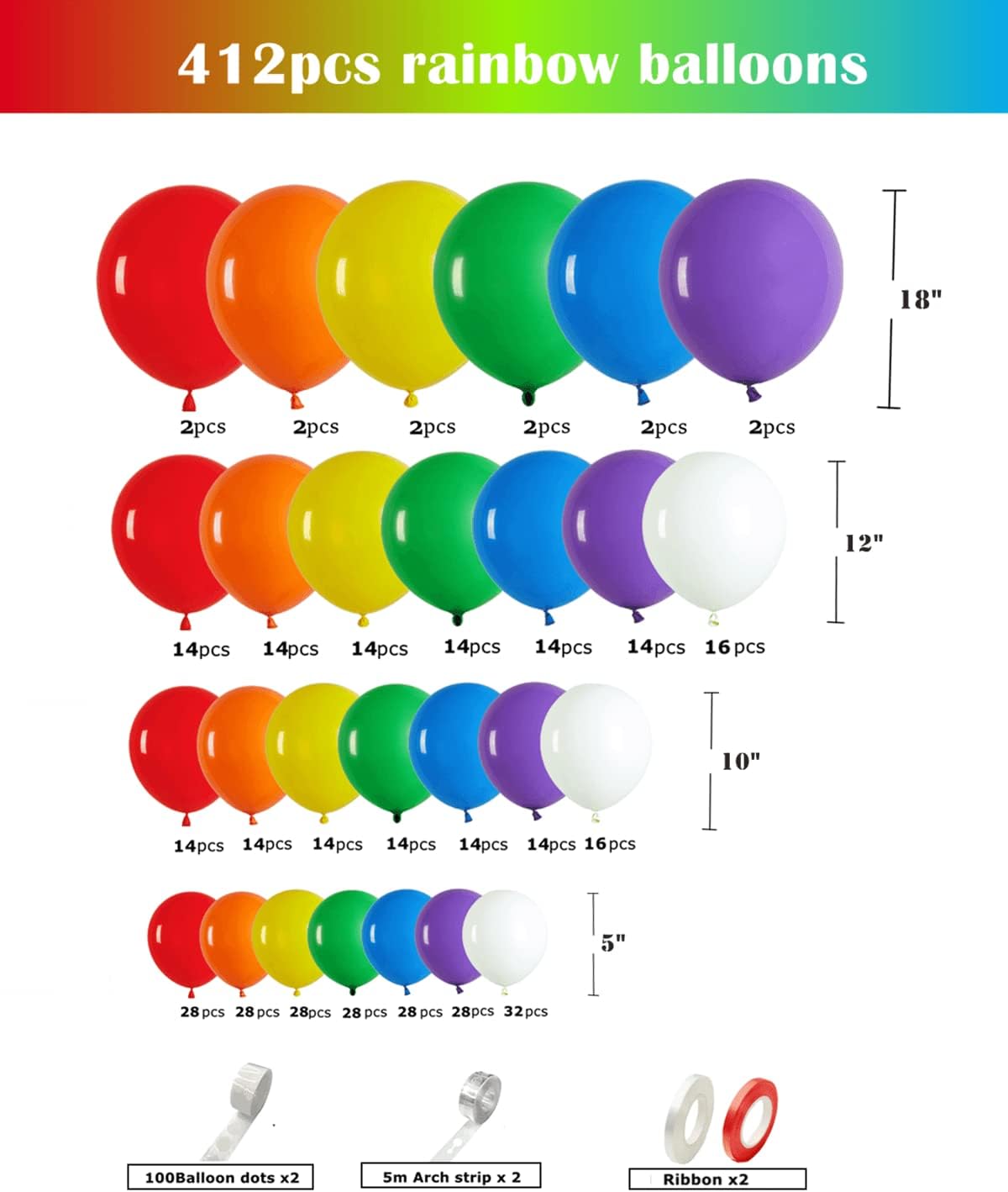 412pcs Rainbow Balloon Arch Kit Assorted Colors 18 12 10 5 Inch, Different Sizes Matte Latex Colorful Balloons for Baby Shower Birthday Wedding Party Decorations