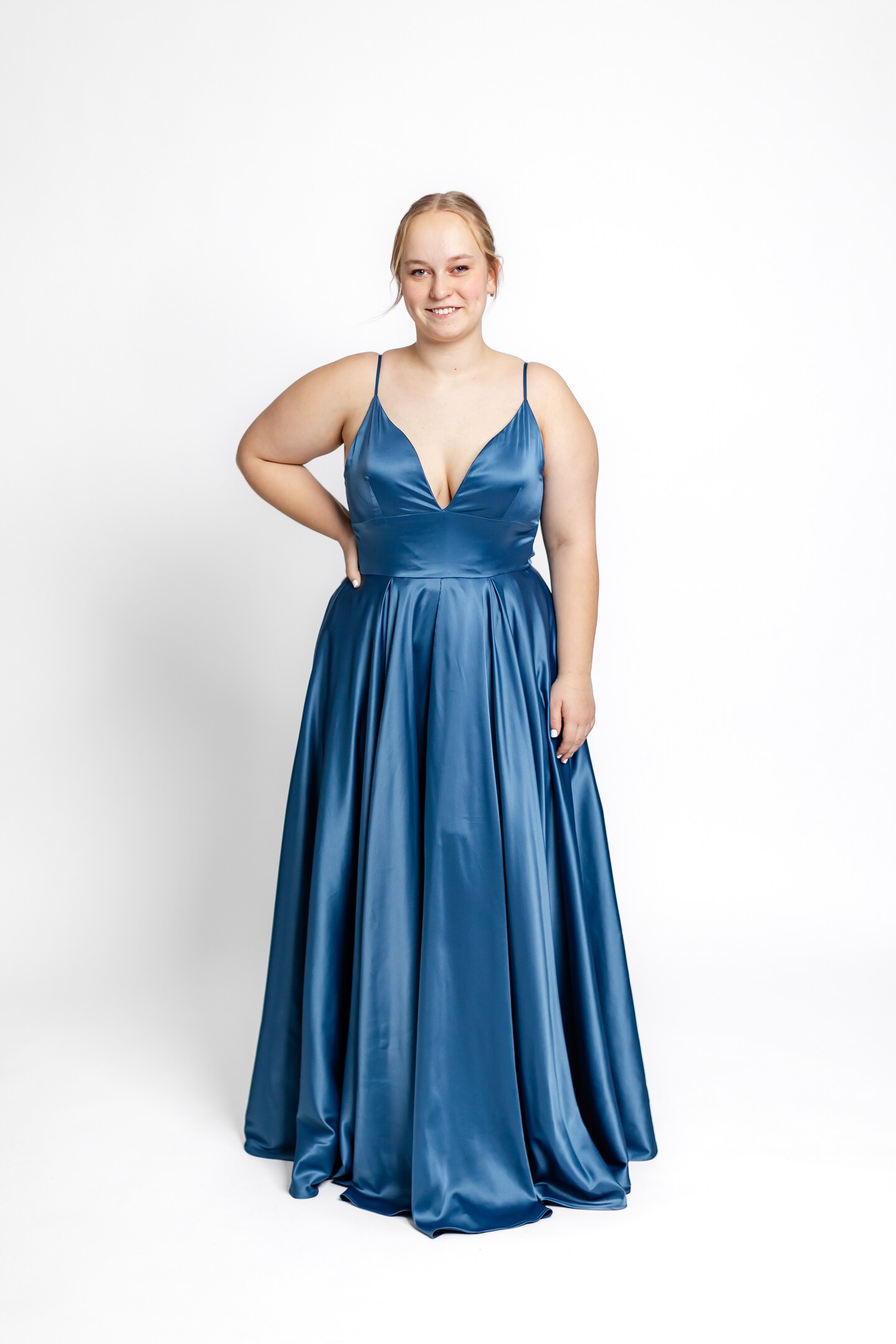 product name is Dusty blue satin dress