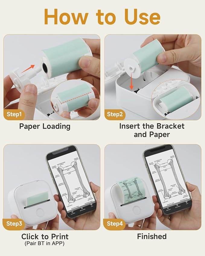 T02 Mini Portable Small Printer with 3 Rolls Paper | Best Sticker Printer Machine For Phone &#x26; Tablet