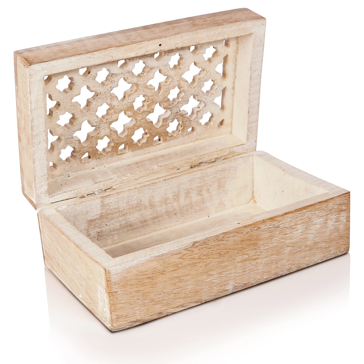 Decorative Storage Box with Hinged Lid - Whitewash, Medium | 7.5&#x201D; x 4.5&#x201D; x 3&#x201D; | Rustic Trellis Design | Mango Wood Crafted | Ideal for Keepsakes, Trinkets, Jewelry and Other Stash