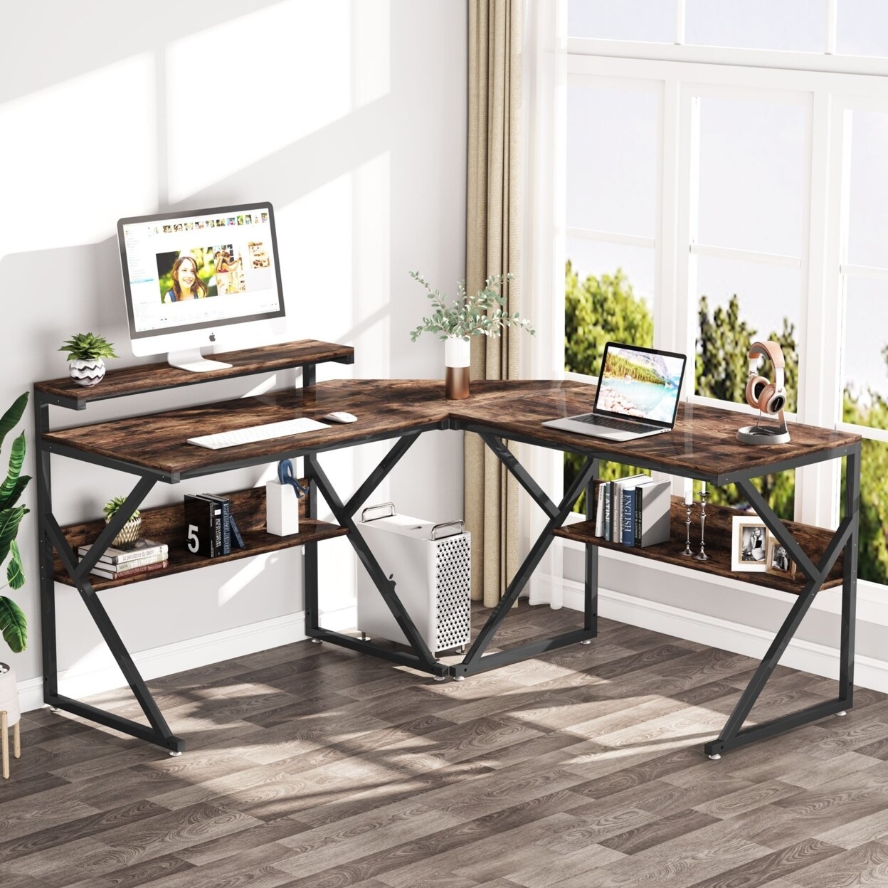 Tribesigns 63 Inch L Shaped Desk Rustic Brown With Storage Shelves Monitor Stand