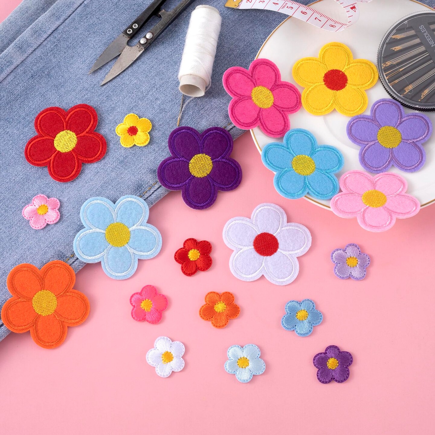 20 Pieces Cute Flower Iron on Patches, 5 Petals Flower Applique Patch, Small Sew On Embroidered Applique Sewing Patches for Backpacks, Bags, Jackets, Jeans, Clothes (2 Sizes, 20 Colors)