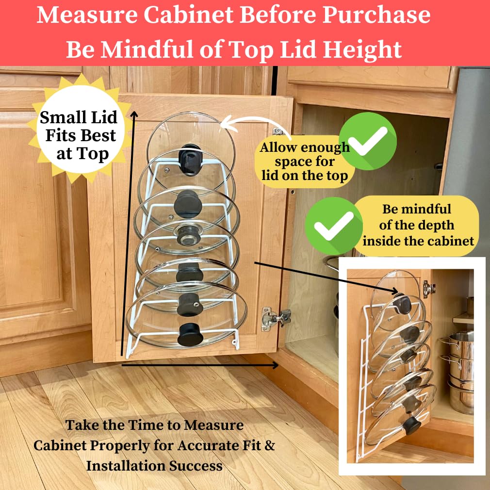 6 Pot Lid Organizer for Cabinet or Pantry Wall - Cupboard Door Pots and Pans Organizer - Glass or Metal Pan Covers Cabinet Organizer - Rack Hanger Dividers - Set of 2