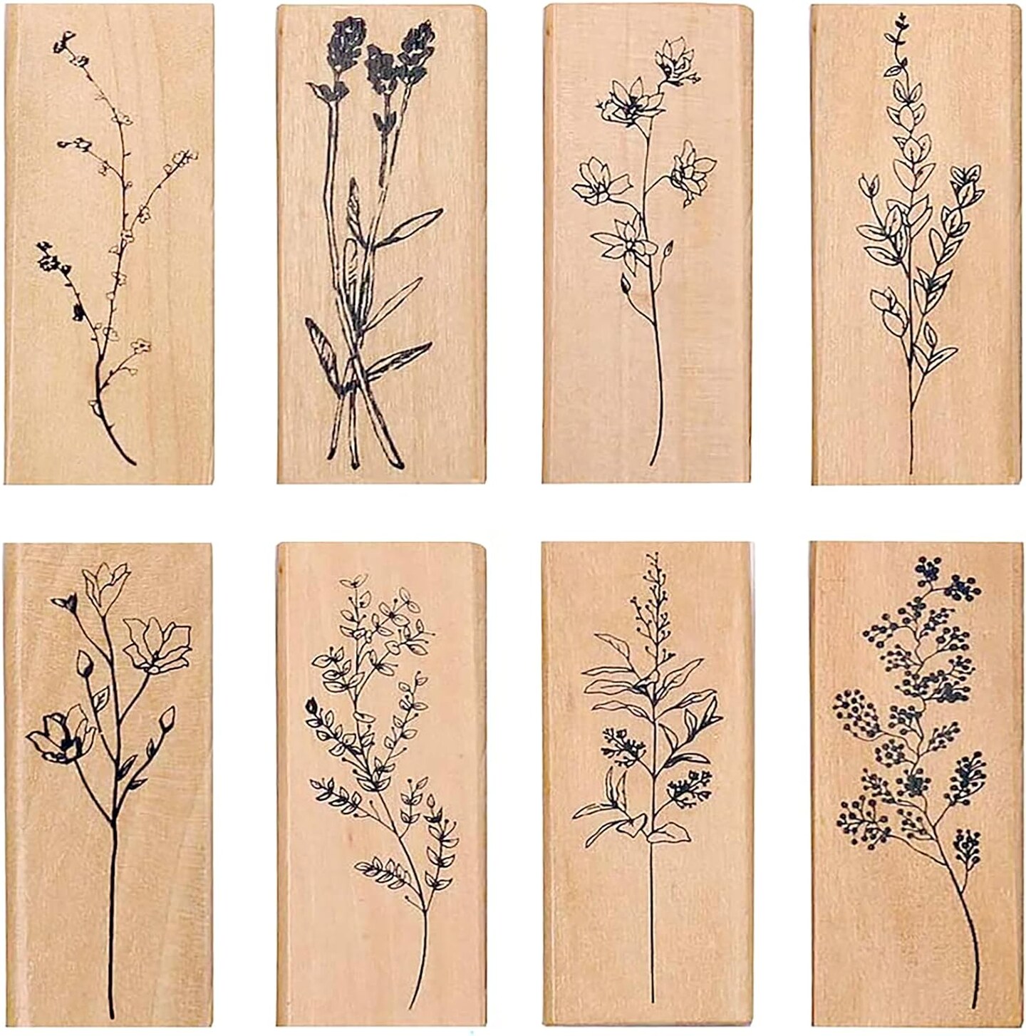 8 Pieces Wood Mounted Rubber Stamps, Plant and Flower Decorative Wooden Rubber Stamp Set for DIY Craft, Diary and Craft Scrapbooking