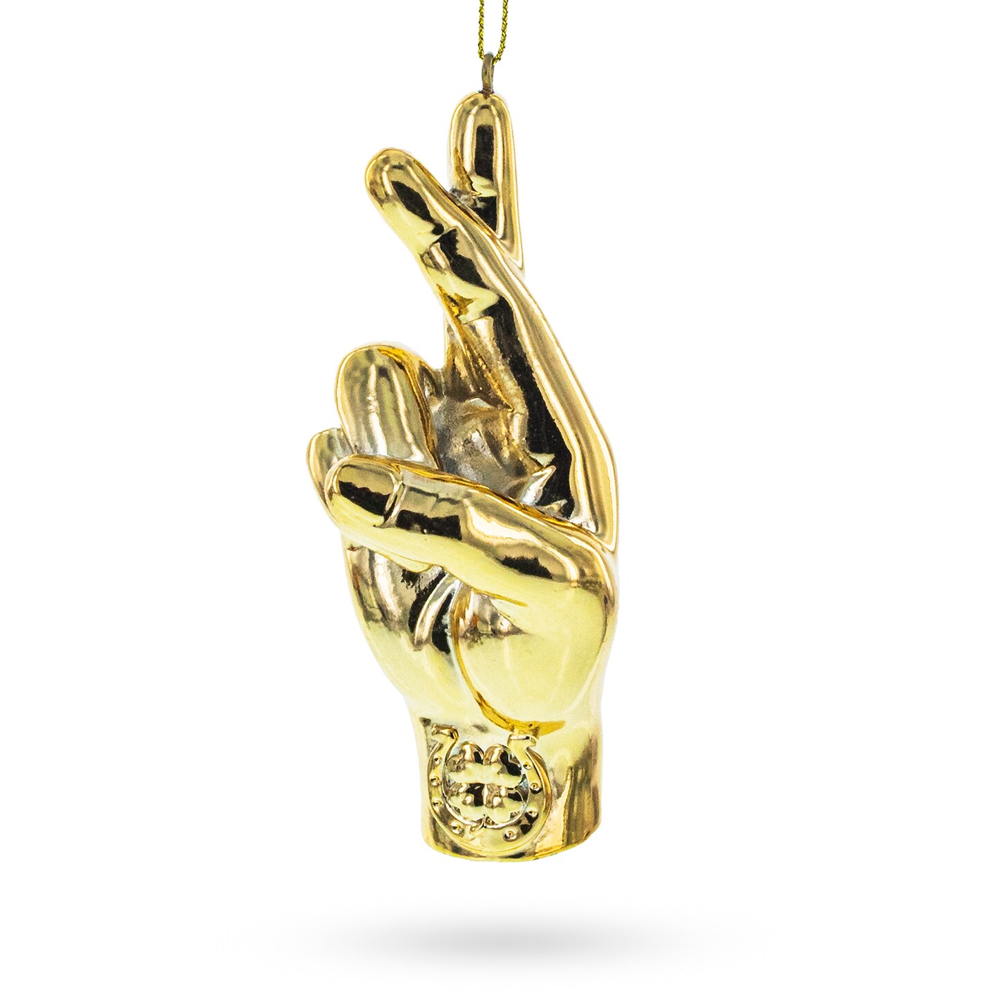 Golden Lucky Crossed Fingers Sign Language Blown Glass Christmas Ornament