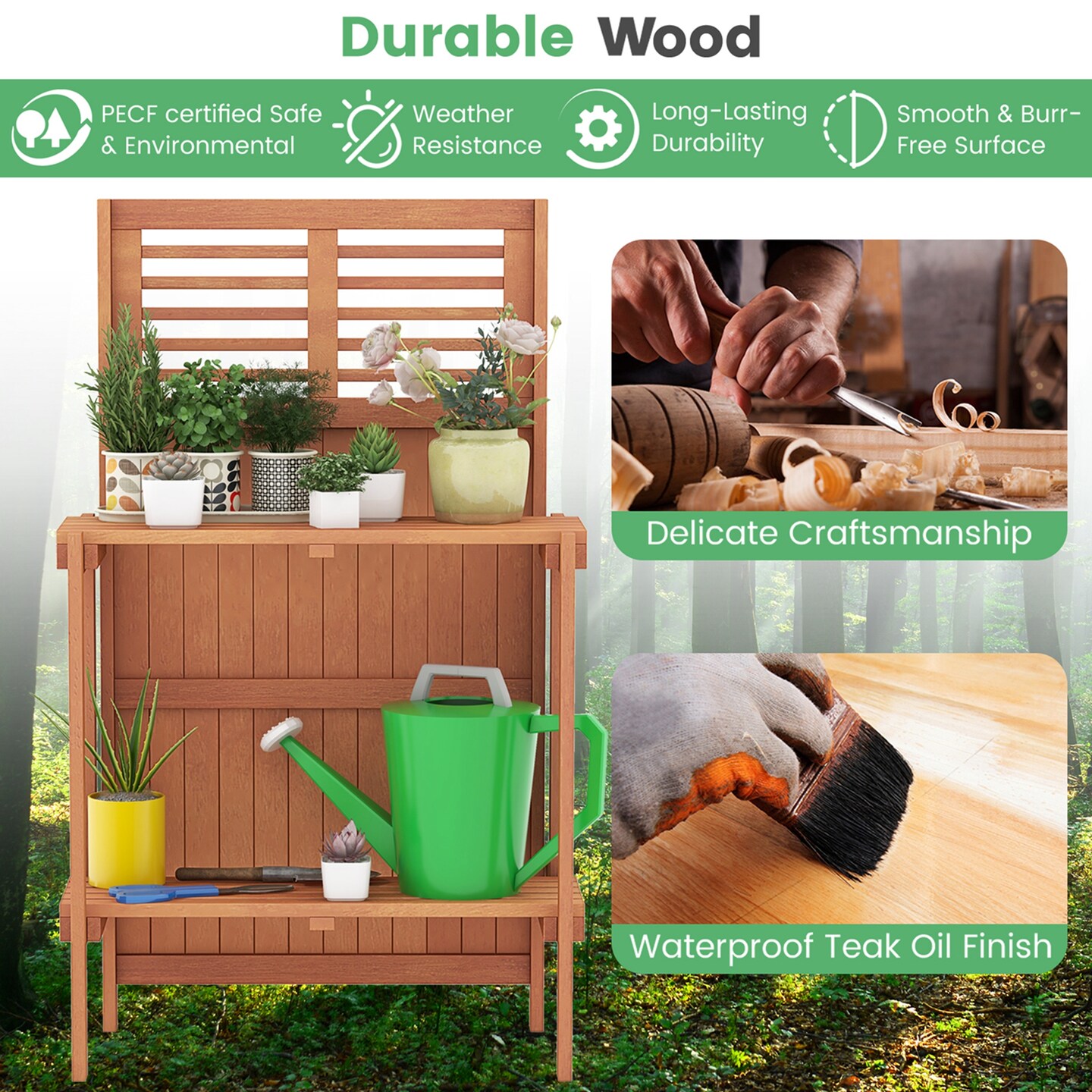 Costway Wood Potting Bench Waterproof Garden Table with 2-Tier Open Storage Shelf