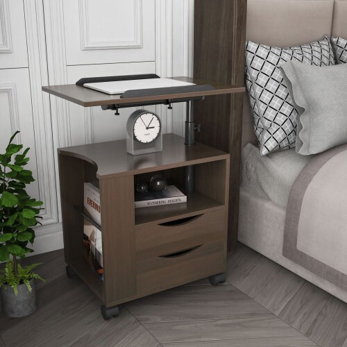 Height Adjustable Overbed End Table with Swivel Top and Storage Drawers | Multifunctional Table