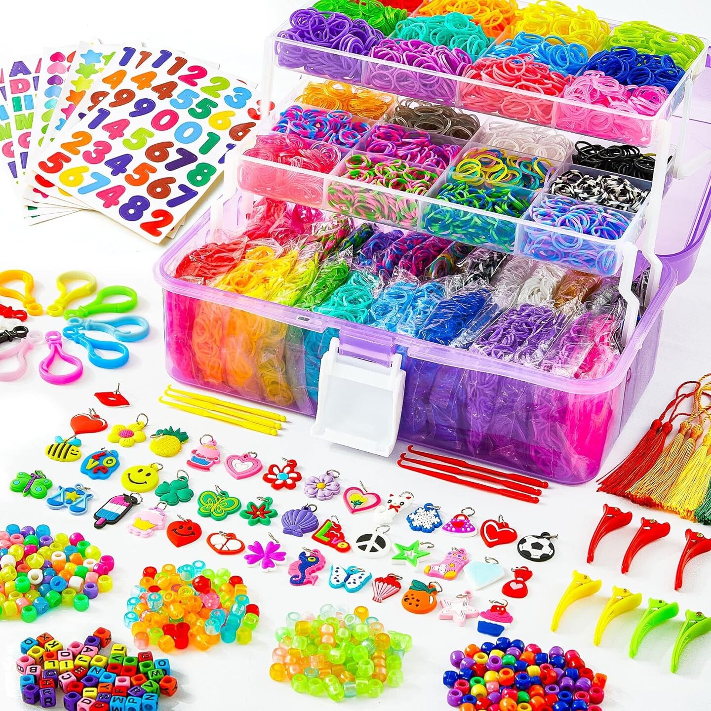 17500+ Rubber Loom Bands with 3 Layer Container, 28 Colors, 600 S-Clips, 352 Beads, 40 Cartoon Pendant, Bracelet Making Refill Kit for Kids