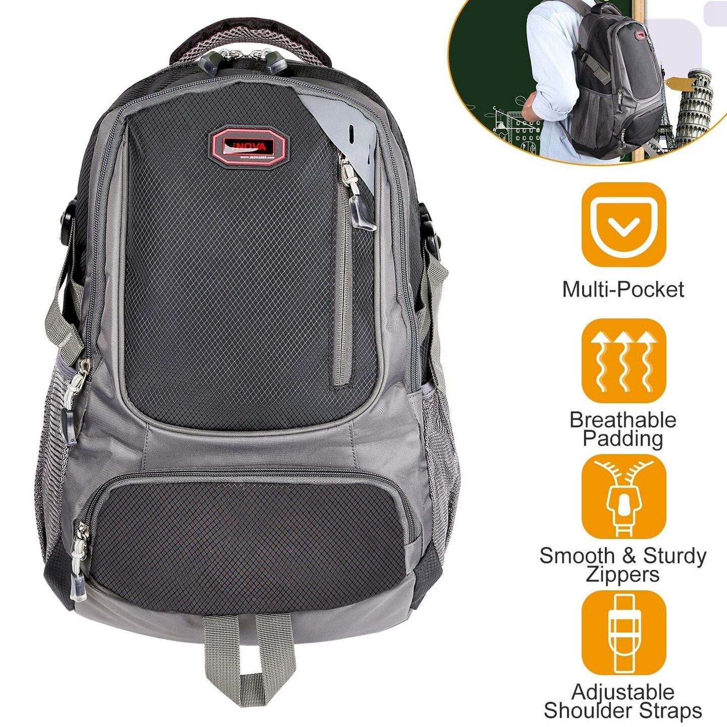 Global Phoenix Unisex School Backpack Casual Travel Shoulder Bag Adjustable Straps Dual Water Bottle Pouch