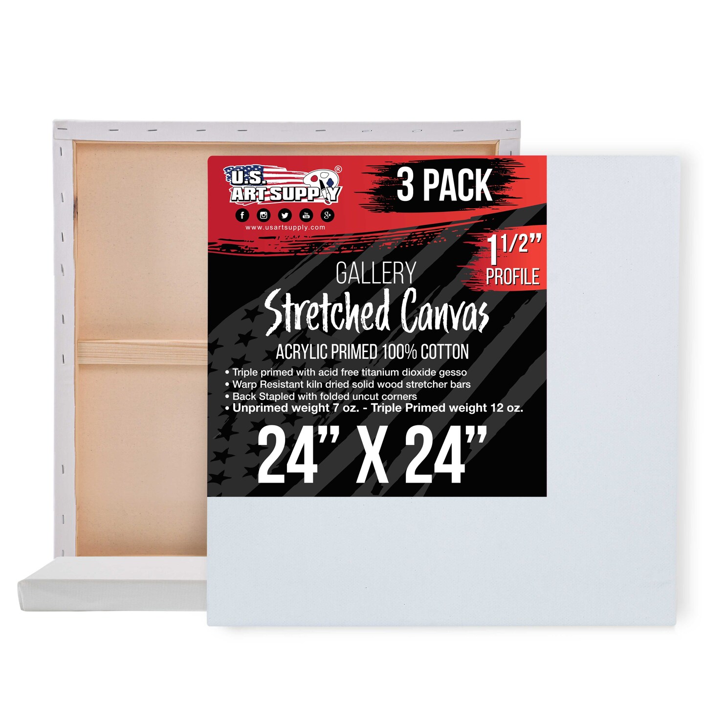 24 x 24 inch Gallery Depth 1-1/2&#x22; Profile Stretched Canvas, 3-Pack - 12-Ounce Acrylic Gesso Triple Primed, - Professional Artist Quality, 100% Cotton
