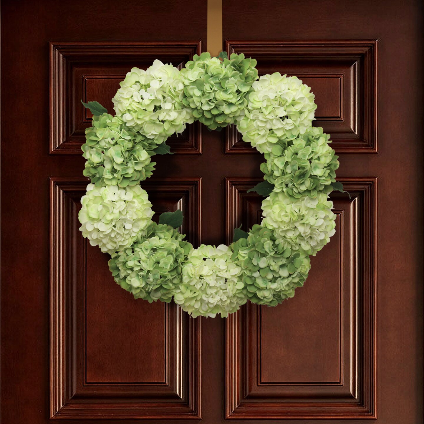24" Verdant Mix Hydrangea Wreath - Realistic Silk Flowers & Grapevine Ring for Home & Event Decor by Floral Home®