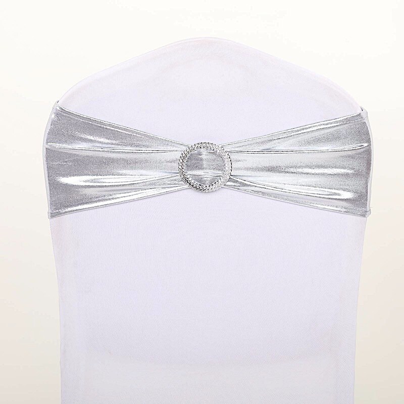 Metallic Spandex Chair Sashes Silver Round Buckles