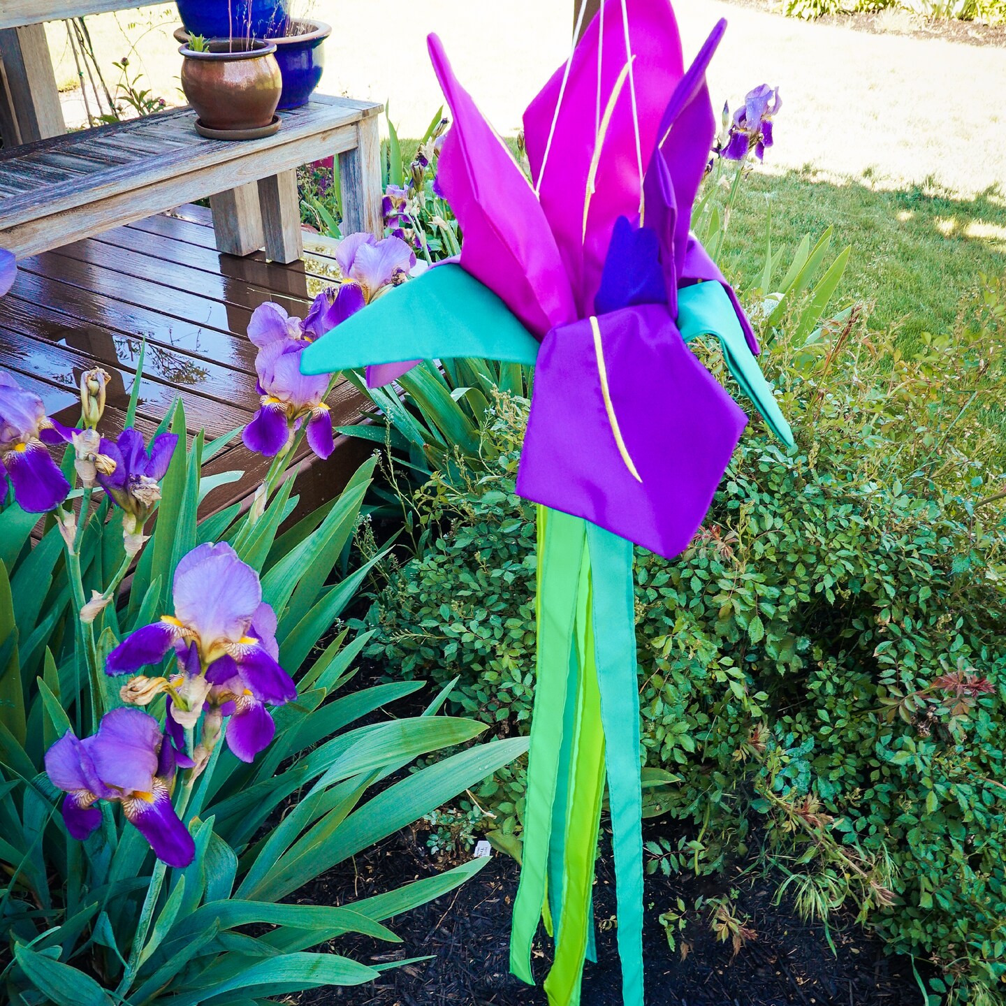 In the Breeze 5227 &#x2014; Iris Windtail &#x2014; Colorful 3D Purple Flower Windsock with Flowing Tails