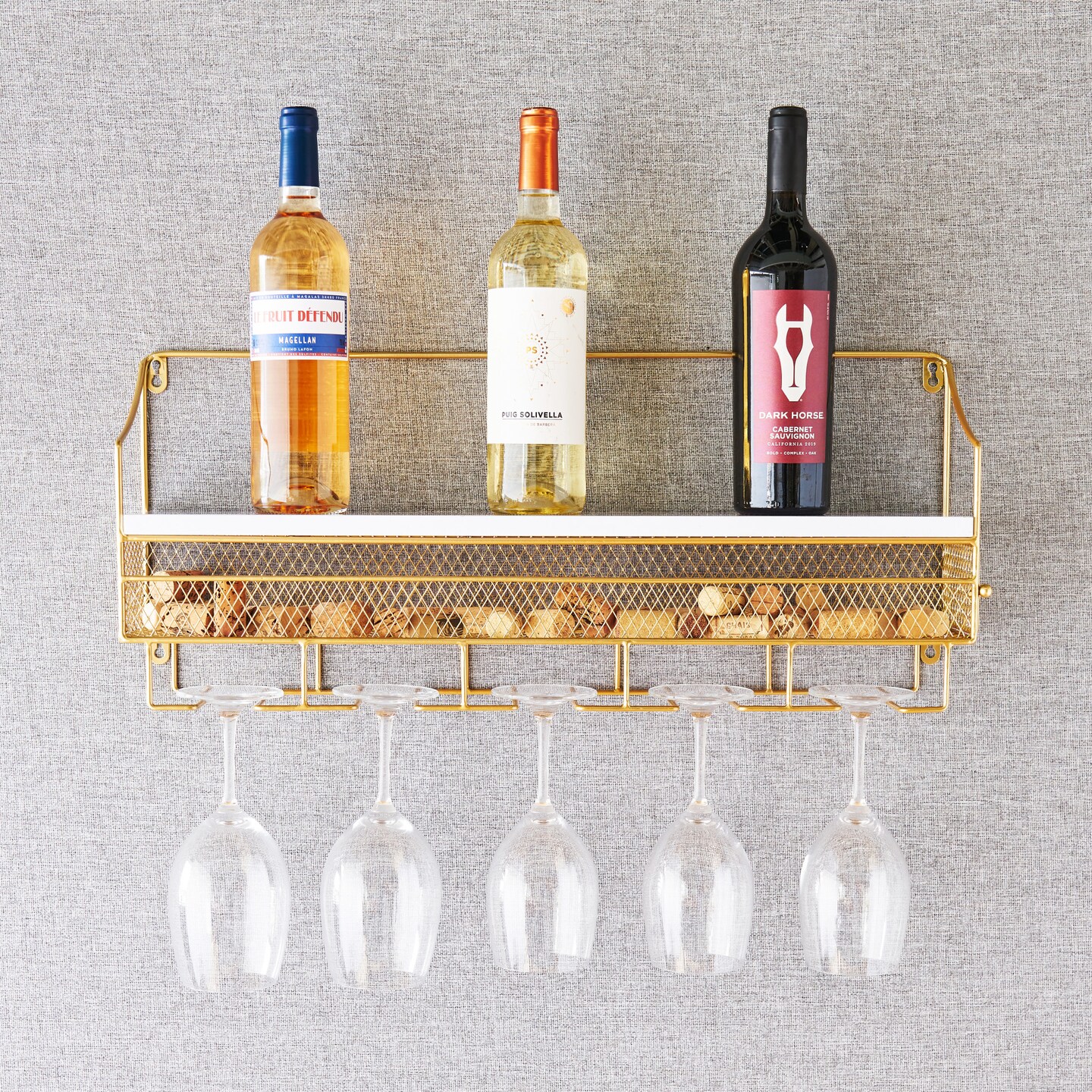 Gold Wall Mounted Wine Rack &#x26; Cork Storage